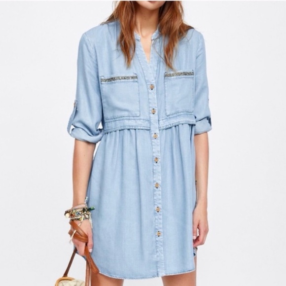 Zara Dresses & Skirts - Zara Tencel denim shirt dress with beaded accents on the front pockets